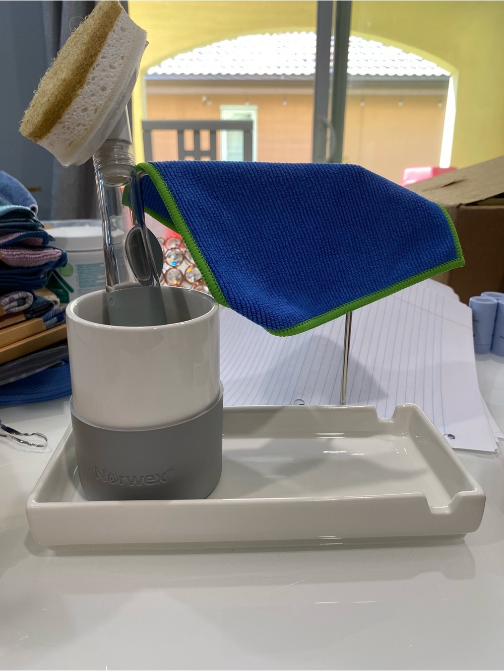 3Piece Set-Porcelain Counter Organizer, Dishwashing Soap Dispenser & Envirocloth
